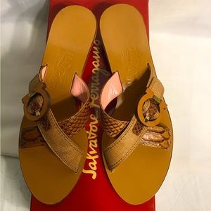 Ferragamo Croc Embossed Leather Strap Slide Heel